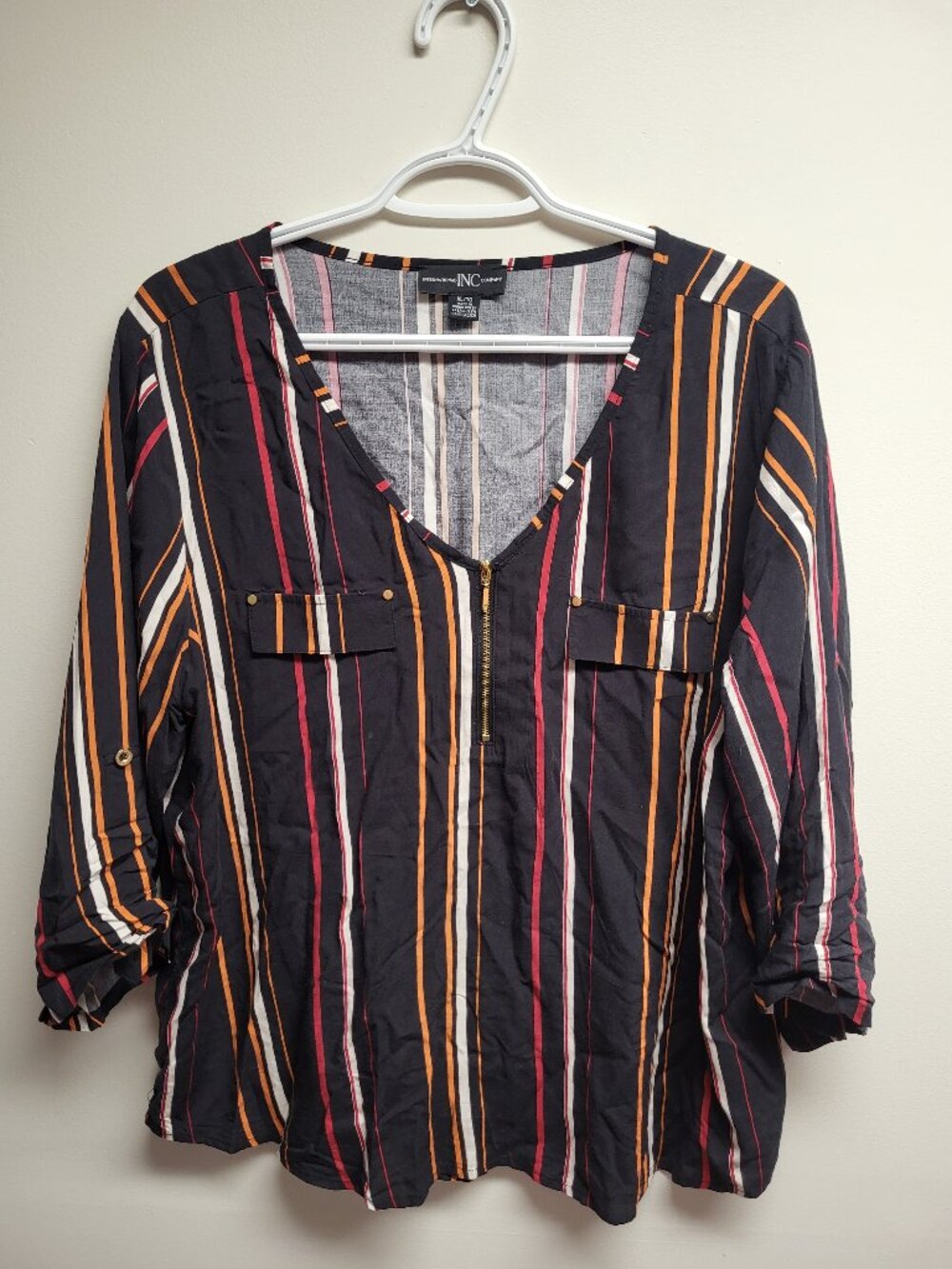 Women's Striped Blouse XL Roll Tab 3/4 Sleeve Rayon INC International Concepts
